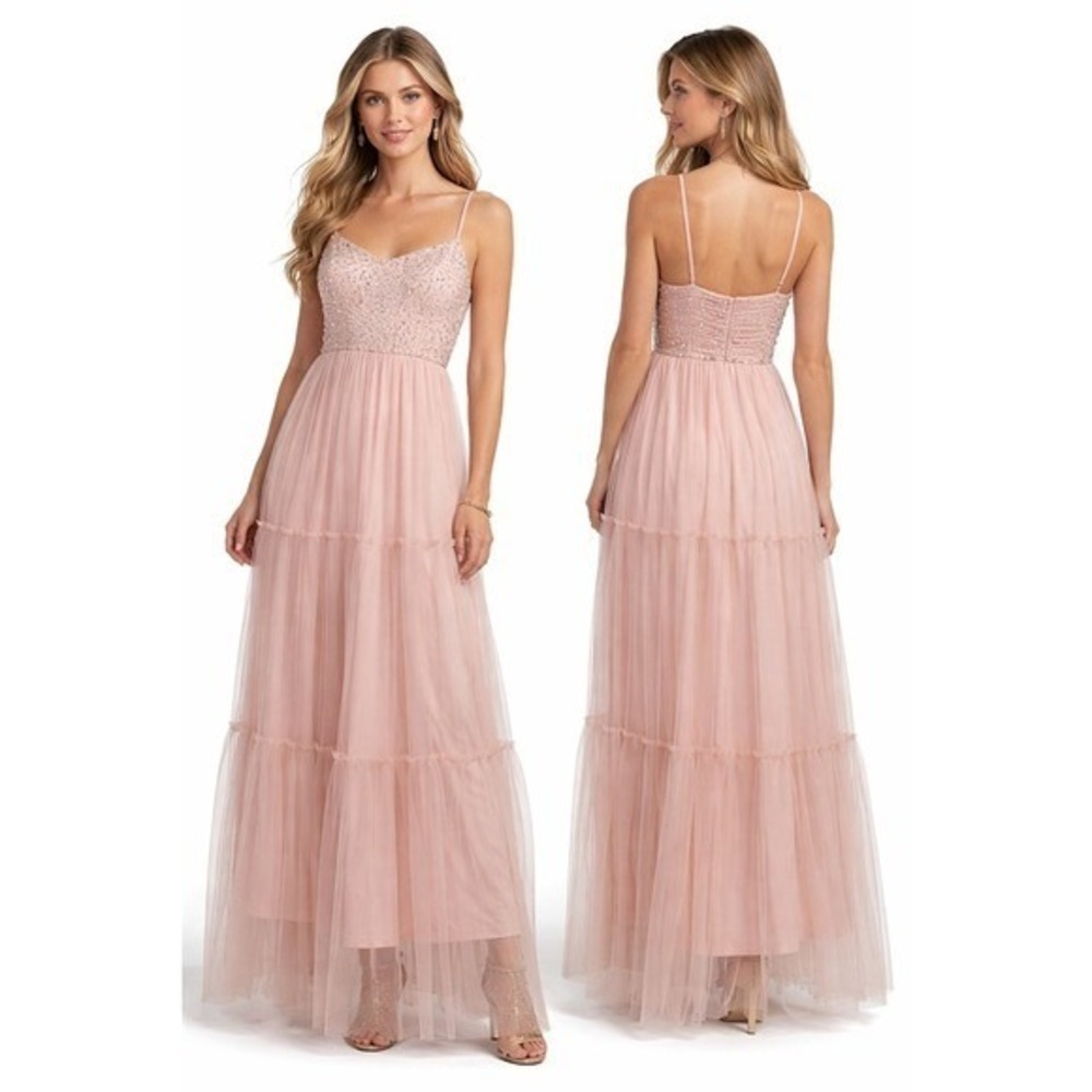 Womens Blush Pink Sequin‎ Maxi Dress Medium Spaghetti Strap Formal Tulle
